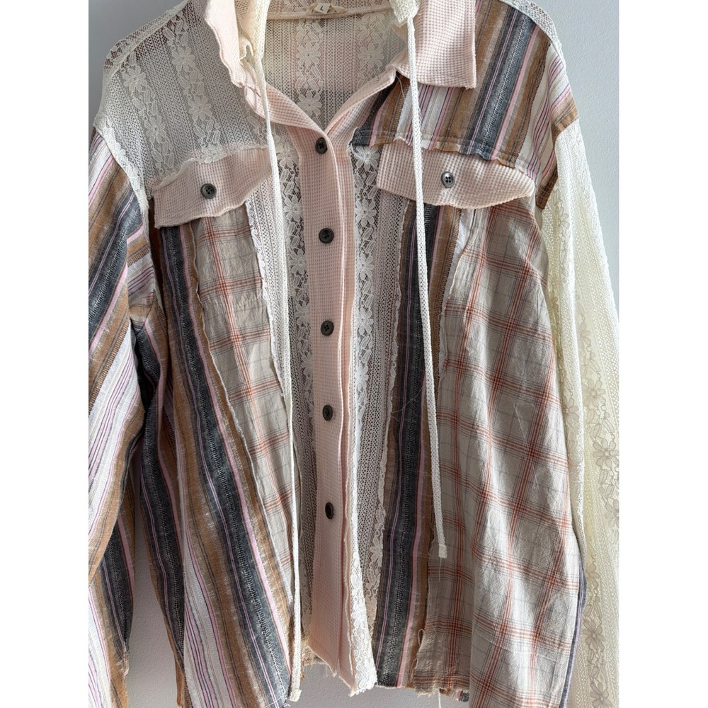 POL Mixed Media Hooded Top Women's Pink Lace Plaid Striped Boho Cottagecore L - Picture 8 of 13